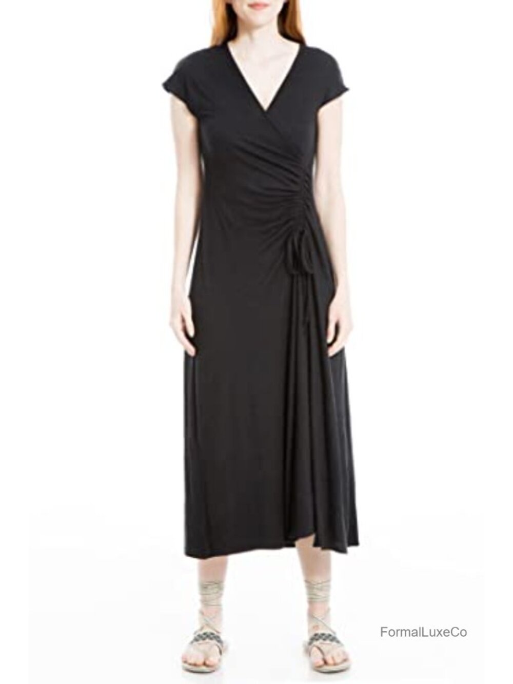 Women's Crinkled Jersey Side Ruched Midi Dress Short Sleeve V-Neck